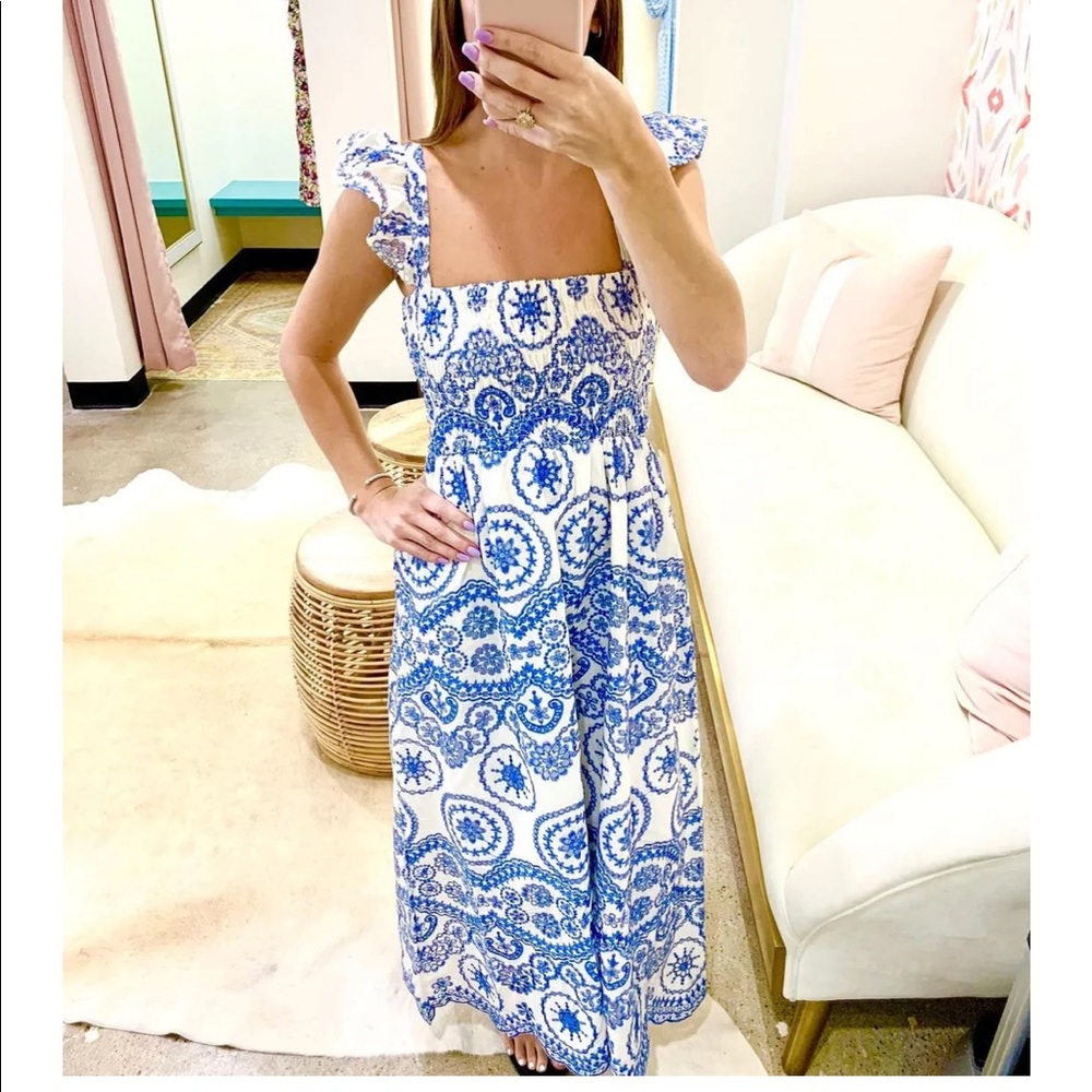 Sunday Up Blue Embroidery Hollow Out Midi Dress